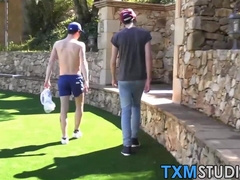 Two very cute youngsters lusty anal fucking in the backyard