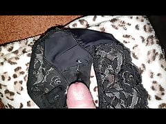 My mommy's black lace thongs covered by son's sper
