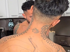 BlakeMason: Tattooed Fabio Toba snacks on Viktor Rom large man-meat in the kitchen