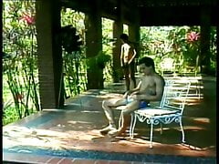 Two gay dudes get horny and fuck each other out on the veran