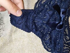 Double cumshots on blue thong