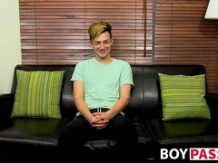 Adorable twink is interviewed and then he takes a big toy