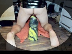 Tight gaping hole gets wrecked by XL dildo in shiny skirt and corset
