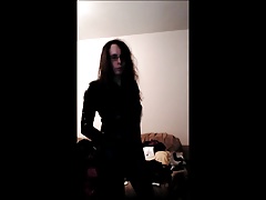 Having fun in shiny catsuit and gloves