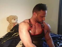 Sneak peek at fetish webcam show with Paul Europe in rubber, leather, and police gear in the tub