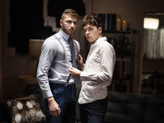 Young lovers fuck on the leather couch in intriguing gay kinks