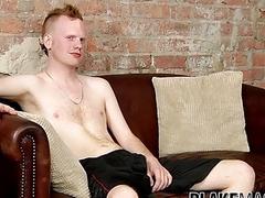 Naughty twink strips clothes during an interview and jerks off