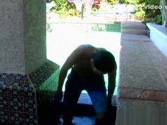 Wanking off near the pool with horny big dick twink Jacob