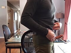 Standup masturbation in my dining room, verbal, intense orgasm and cumshot! I demonstrate a new lube!
