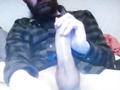 Bearded hairy daddy bear edges his huge hung massive cock