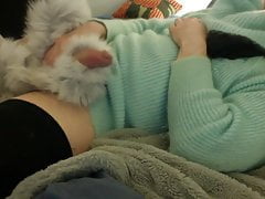 Crossdresser in mohair stroking with fur and angora