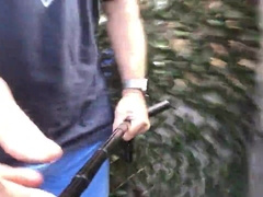 blue cut-offs de-robe nude in garden