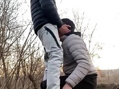 Outdoor twinks blowjob, fucks bareback and more cum in sportwear