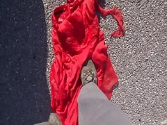 cleaning shoes on red dress 4