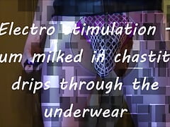 Electro stimulation - cum milked in chastity drips through the underwear