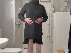 Masturbation in black skirt and warm knitted sweater