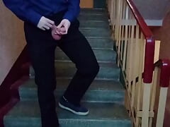 Public jerking off on the stairs after school