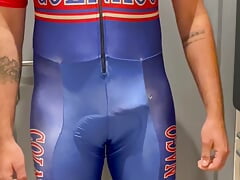 Cyclist having fun and cumming in his speedsuit