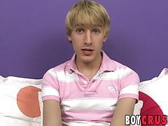 Adorable blonde twink Dean Holland strokes cock and cums