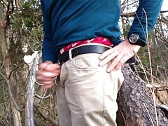Long public masturbating in the woods near the hiking trail, sagging in my AE boxers and shorts. Verbal jerking off and cumming