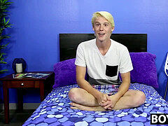 Blond beautiful twunk Brayden Cockner jacks and jizzes solo