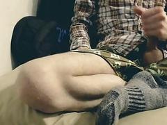 Mostly clothed man thrusts into a fleshlight