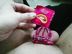 Slave Adashah locked in a tiny chastity. Fucked in the ass with a large vibrator and masturbated with small vibrators