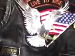 Wanking my small cock over wife's leather biker jacket