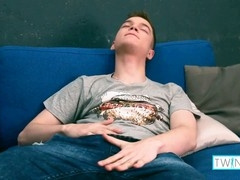 Ethan O, a horny brunette twink, masturbates his large dick until he cums!