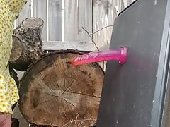 Sissy outdoor skull fucking a dildo