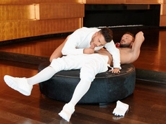 Horny lovers kiss and make out after a sexy fencing contest