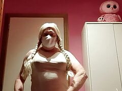 Ginger crossdresser masturbates with many cum