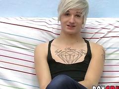 Inked twink jerks off solo after casting