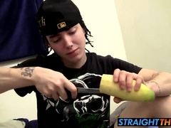 Straight tattooed thug playing with his big cock and a fruit