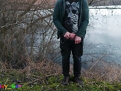 At a frozen lake, I work on my thick cock with a massage stick. Great outdoor fun in the winter.