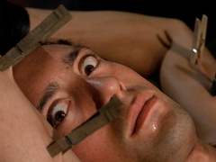 Hairy male gets clamped and roughly fucked in bondage scenes until exhaustion