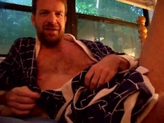 hairyartist joy in a blue checked bathrobe