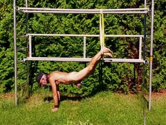 Uncut, Unmasked Slave Exposed Outdoor In Penis Cage Doing Fitness Tied Up Bdsm 4 Min With Solo Boy