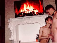 Very hot sex near the fireplace, doggy style, cum shot