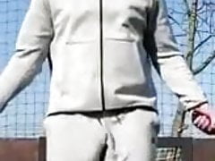 Guy skipping with huge bulge bouncing in trackies