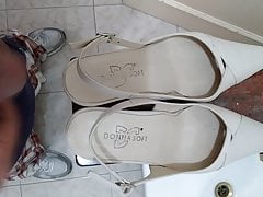 Cumshot on white low heel slingbacks. Yum