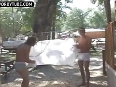 Cute blond twink outdoor and friend fuck in car