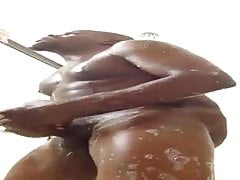 Str8 black stud jerks off in the shower