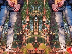 Two brothers pee in the forest - double video