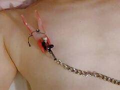 Twink double nipple clamps and hard chest whipping