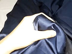 Masturbation wearing sexy blue long satin prom dress
