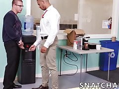 Ripped ebony stud riding boss cock during office threesome