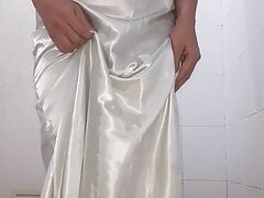 Asian Crossdresser wearing long silky nightie gown