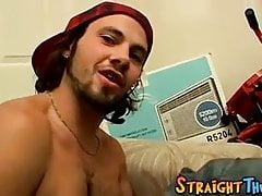 Straight thug strokes his penis until he has strong orgasm