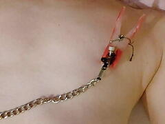 Twink double nipple clamps and hard chest whipping